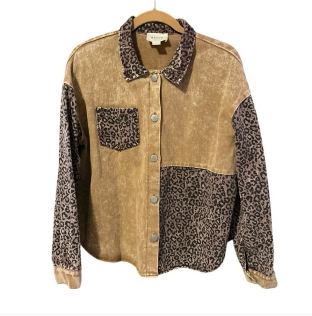 HYFVE Leopard Washed Denim Jacket L 23.5” p2p Brown Combo EUC - Picture 2 of 12